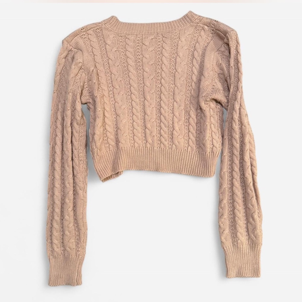 Zaeful Light Coral-Pink Cable Knit Cropped Long Sleeve Sweater - Picture 2 of 2